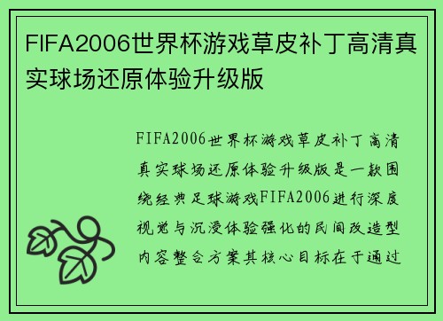 FIFA2006世界杯游戏草皮补丁高清真实球场还原体验升级版